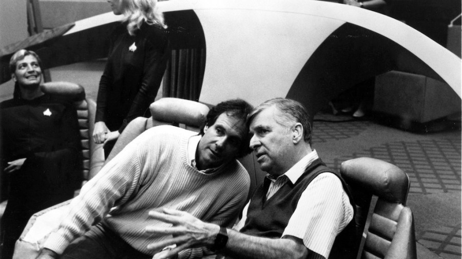 Gene Roddenberry with Rick Berman on the set of STTNG